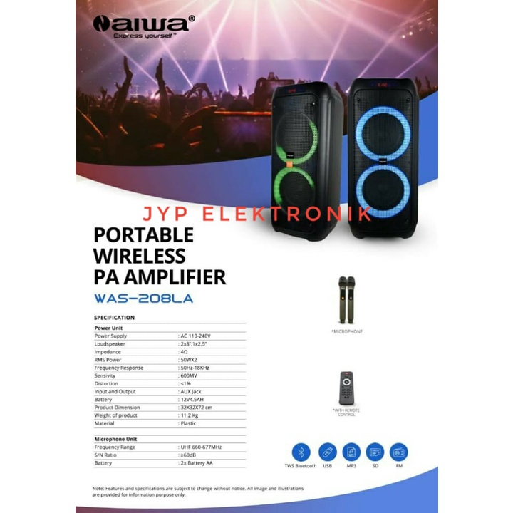 SPEAKER PORTABLE WIRELESS AIWA 208LA / WAS208LA / WAS 208 LA 8 Inc 2x8