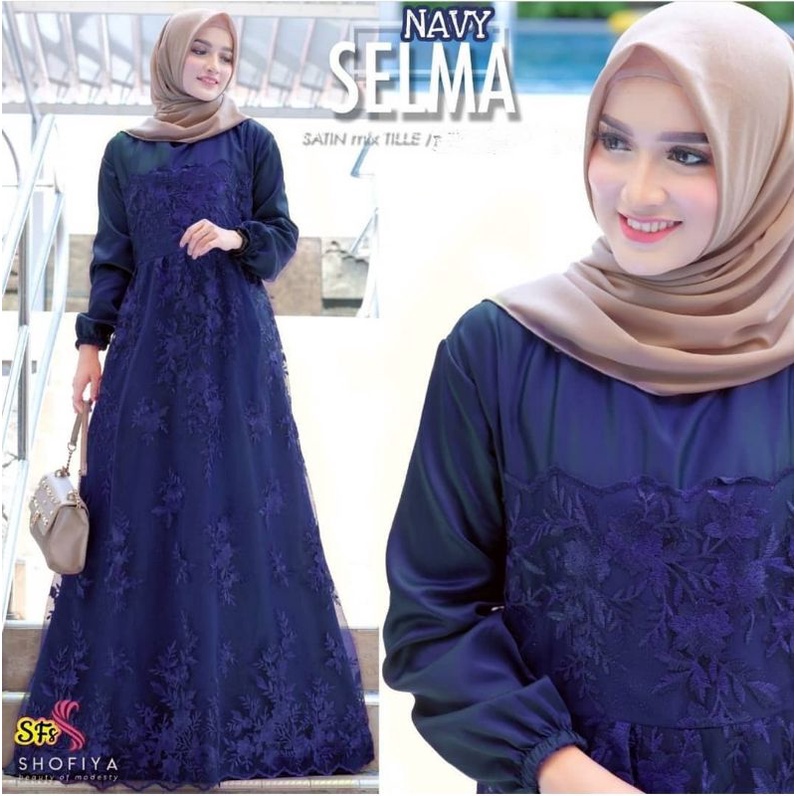 BATIK OFFICIAL Size L XL XXL / Gamis Muslim Farasya / Maxi Brukat Selma Tulle Premium Jumbo Murah Brokat Navy Marun