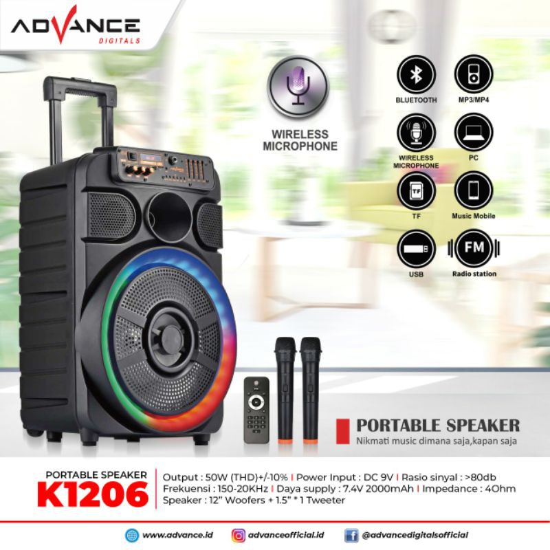 Speaker Portable Advance K1206 / K 1206 Bluetooth 12 inch
