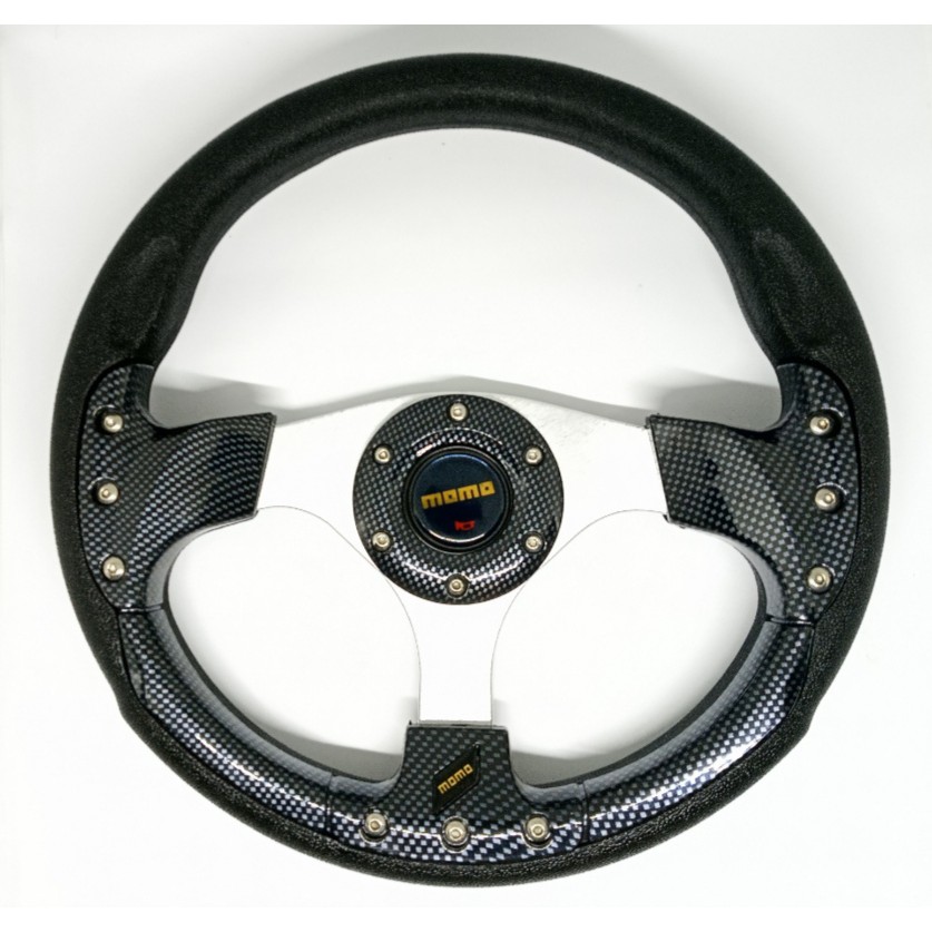 Stir Racing MOMO Corak CARBON Hitam Mewah 13 inch Datar Universal Setir 3 Palang Steering Wheel Momo