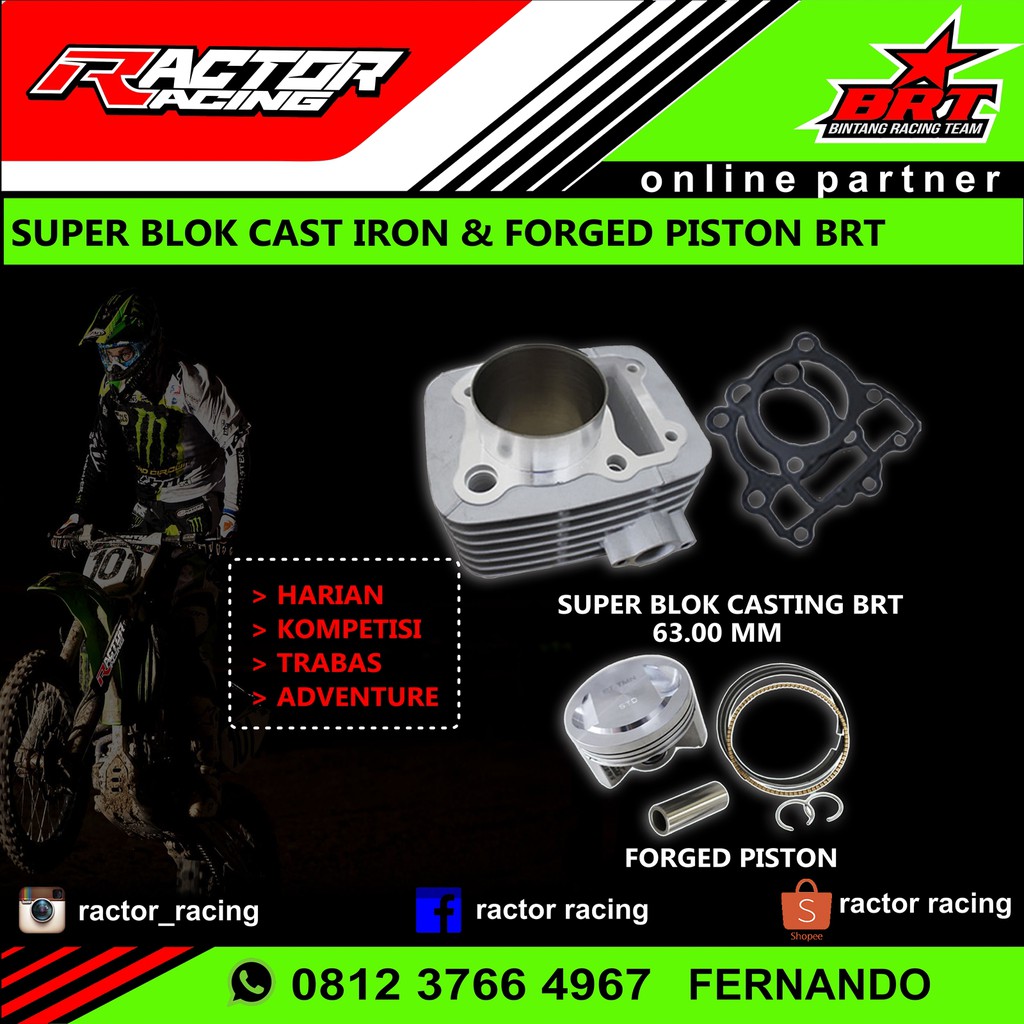 SUPER BLOK CAST IRON CASTING & FORGED PISTON BRT 63.00 MM KLX 150 D TRACKER 150 BRT