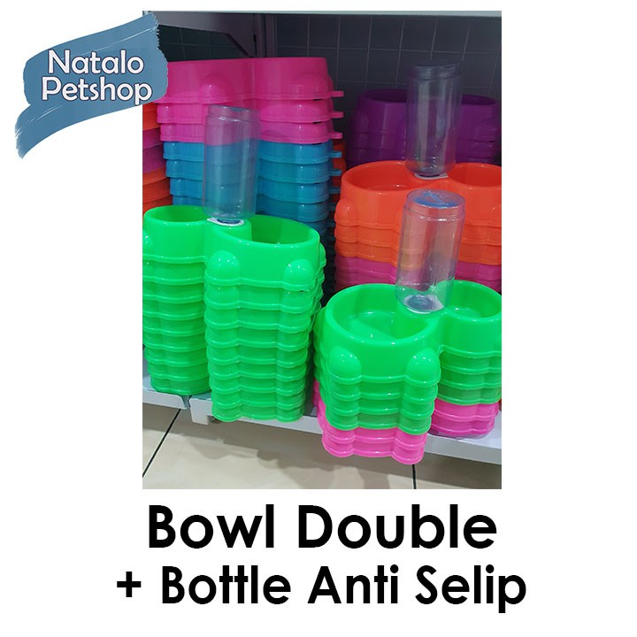 Bowl Double + Botol Anti Selip Beruang Lucu / Tempat Makan Hewan / Kucing / Anjing