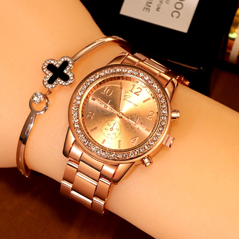 【Kotak gratis】Jam Geneva Wanita Analog Diamond Fashion Casual Lady Wrist Watch Import