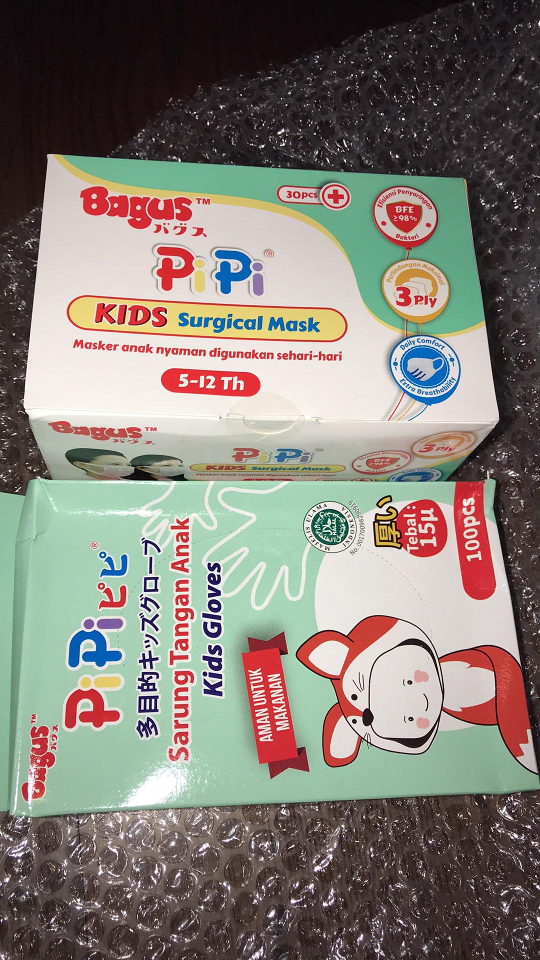 Bagus Pipi Sarung Tangan Plastik & Surgical Masker Anak Bundle -15 Mikron