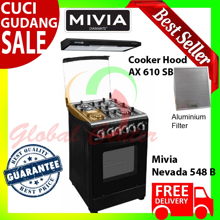 Kompor Gas Freestanding Mivia Nevada 548B dan Cooker Hood AX 610 SB