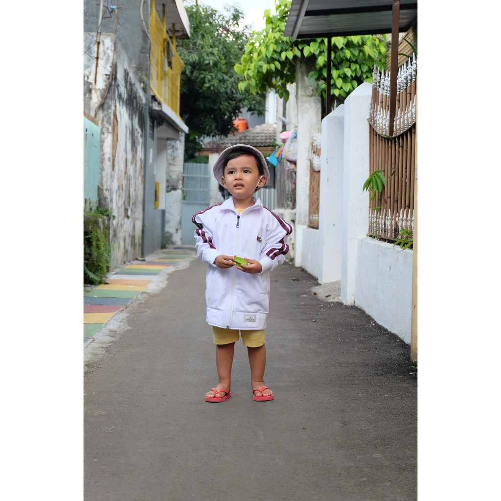 JAKET ANAK PEREMPUAN LAKI LAKI TRACKTOP GARIS CASUAL ORIGINAL REALPICT-PUTIH MARUN