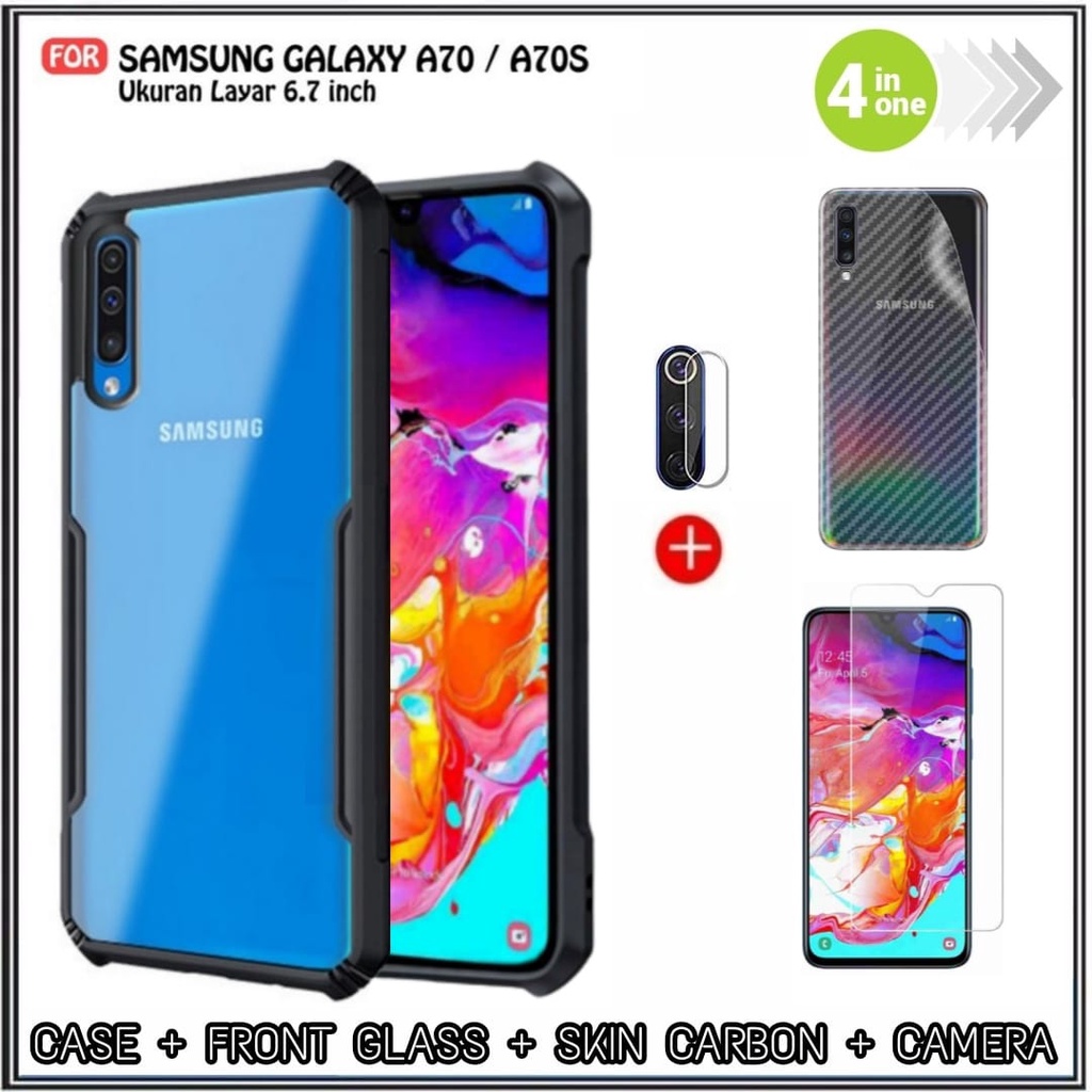 PAKET 4IN1 Case Samsung A70 Hard Soft Fusion Armor Shockprooft TPU HD Trasnparan Acrylic Casing HP Cover Bonus Tempered Glass DI ROMAN ACC