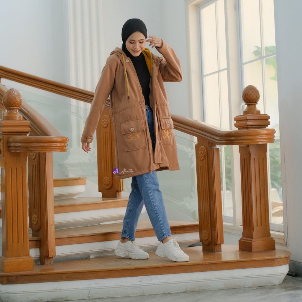 Jaket Panjang Outer Wanita Muslimah Hijab Hoodie Terbaru Kekinian-Mocca