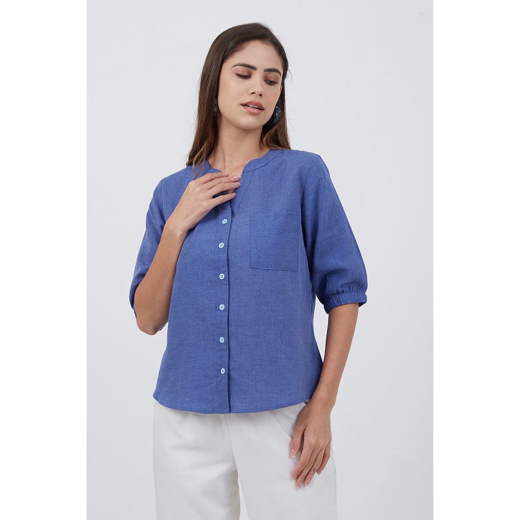 Sorabel - Hyorena Plain V-neck Women Blouse / Kemeja Wanita Polos Collar Neck Lengan 3/4-Blue