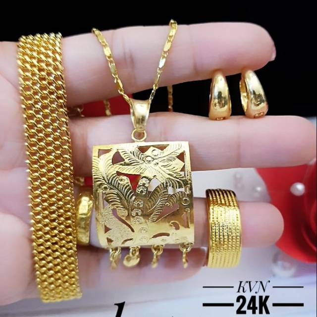 (JUL) Set Perhiasan Lapis Emas 24 Karat Xuping Gelang Anting Kalung Cincin Gold Mewah Titanium Asli