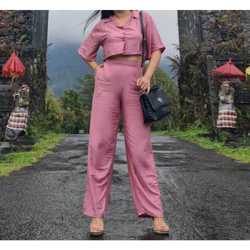 One Set Wanita Cathy Casual Kemeja Crop Top Kulot