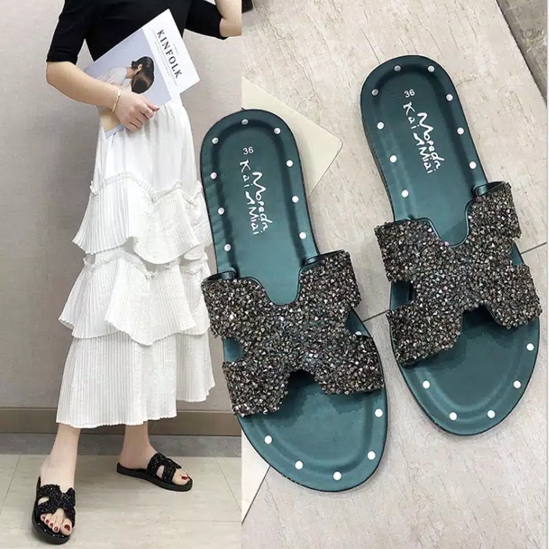 GROSIRTAS TG0431 SANDAL IMPORT FLIP SLIP H MOTIF MANIK MANIK CANTIK IMPORT 1KG MUAT 3PSG [COD]-green
