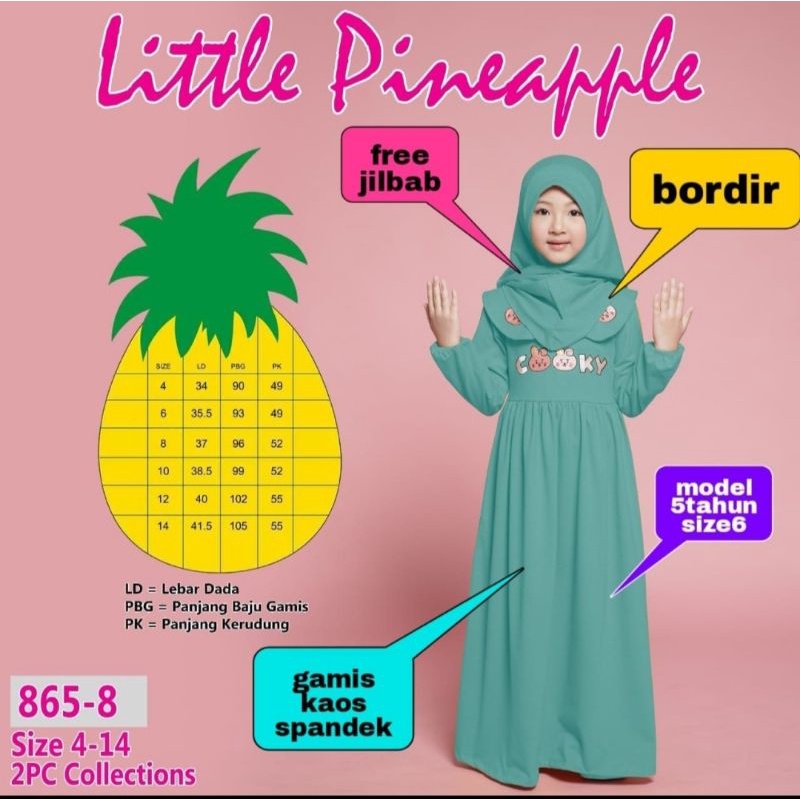 (LP. 865-8) LITTLE PINEAPPLE GAMIS BT21 + JILBAB Size : 4-9th