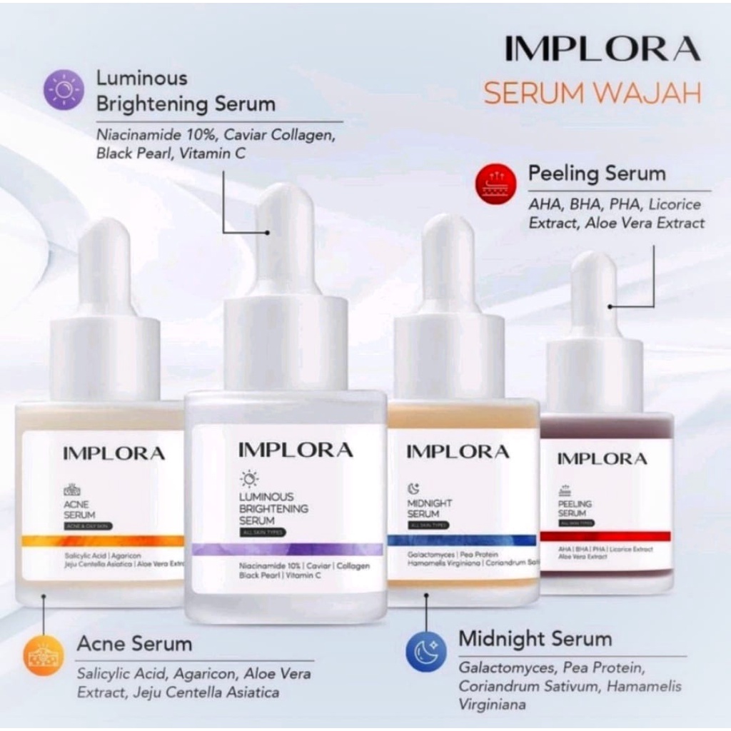 (COD) Implora Face Serum Acne Serum Anti Jerawat | Luminous | Midnight | Peeling AHA BHA PHA | Hydrating Serum