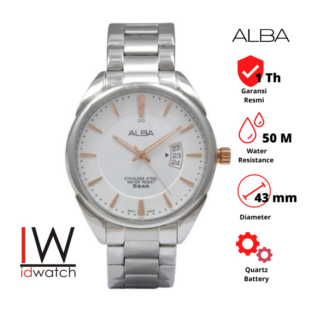 Alba AS9A65X1 Jam Tangan Pria Original AS9A65 Cowok Strap Rantai Stainless Steel Klasik