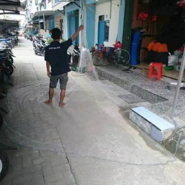 Jala ikan dan udang 12 feet senar  full tebar, lubang jari kelingking, jala sungai, jala danau, jala