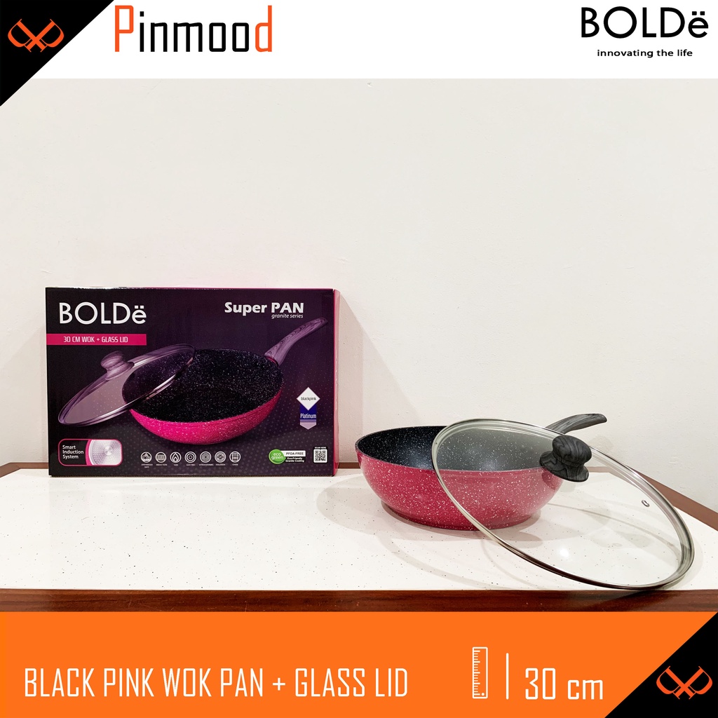 BOLDE BLACK PINK 30 CM WOK PAN + GLASS LID / TUTUP KACA SUPER PAN COATING GRANITE PANCI PENGGORENGAN WAJAN ANTI LENGKET