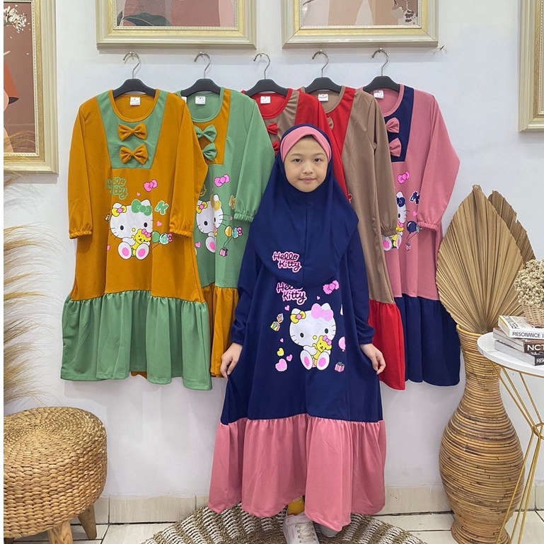 Gamis anak perempuan motif hello kitty + jilbab bahan voxy premium merk latin (5-10 thn)