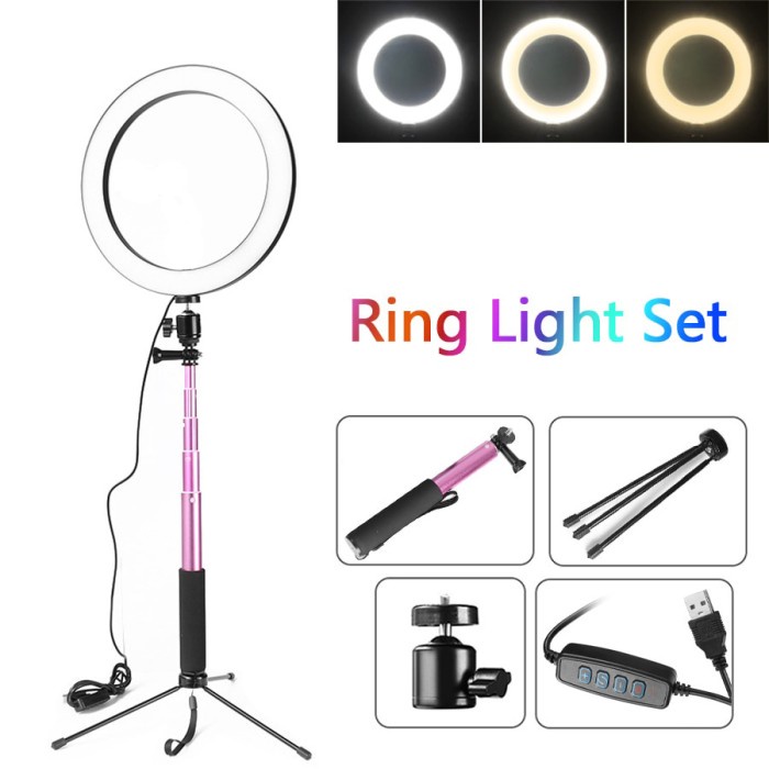 Lampu Halo Ring Light LED Kamera 16CM with Tongsis Tripod z
