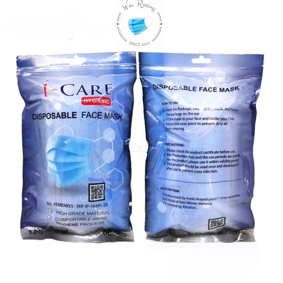 Masker 3ply Earloop Sachet EMBOSS I-Care Hygenic Isi 50pc Kemenkes