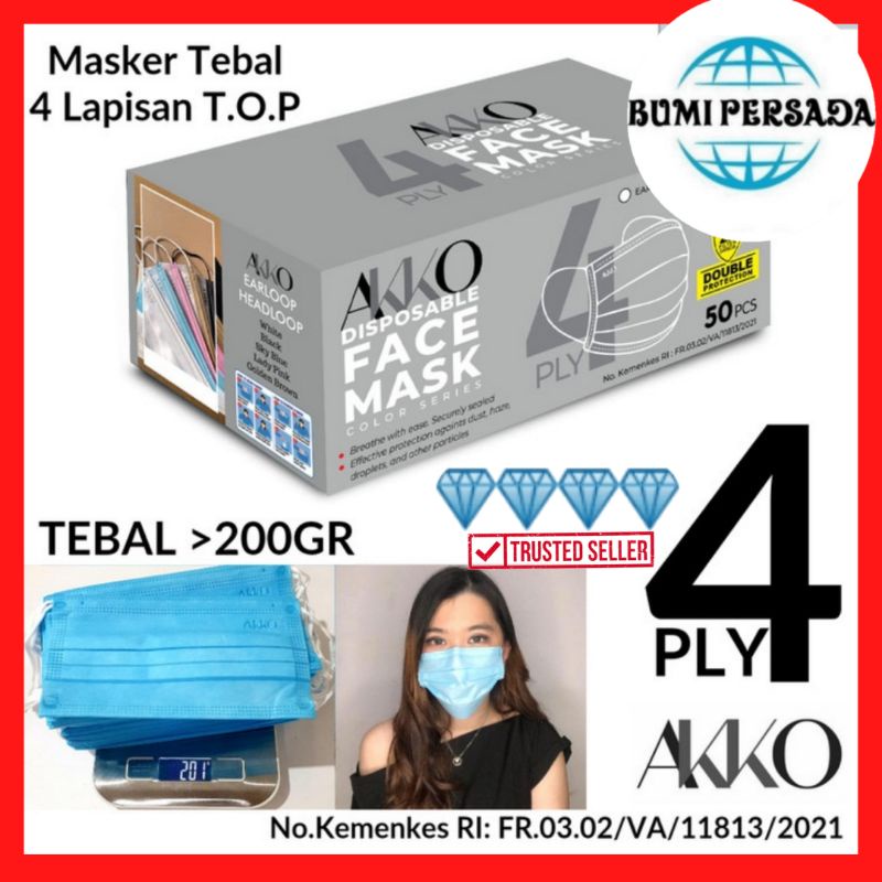 Masker 4ply AKKO &amp; CAREION Earloop kemenkes 4 ply Original TEBAL isi 50 pcs