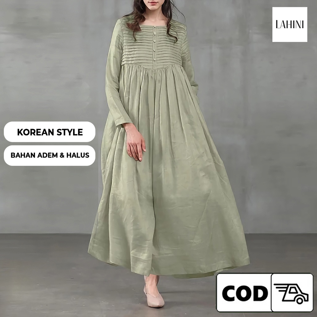 Dress Panjang Korea Long Maxi Dress Wanita Kekinian Remaja Dewasa Kancing Depan Busui Bahan Linen Wa