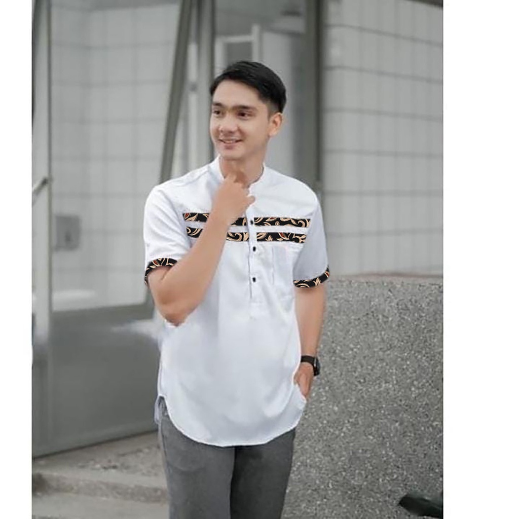 Baju Atasan Koko Muslim Pria Lengan Pendek Kurta Kombinasi Batik Premium Original