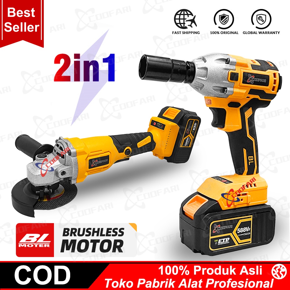 Kualitas Tinggi 2Buah 588VF Cordless Brushless Angle Grinder dan 680N.M Brushless Impact Wrench Dengan 2 Pcs Baterai