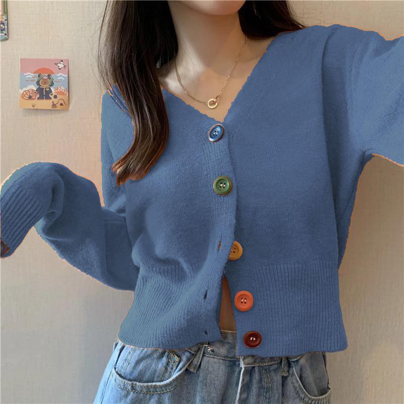 Pakaian Wanita Cardigan Rajut Halus BUTTON RAINBOW Cardy