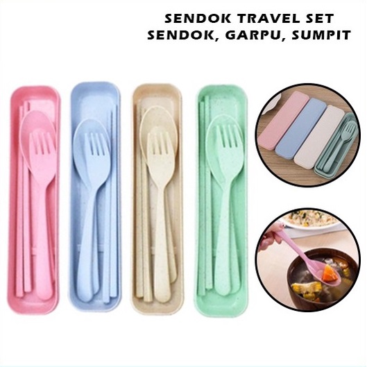 Alat Makan Sendok Sumpit Garpu Alat Makan Box Korea Travelling Set 3IN1 Bahan Plastik BS