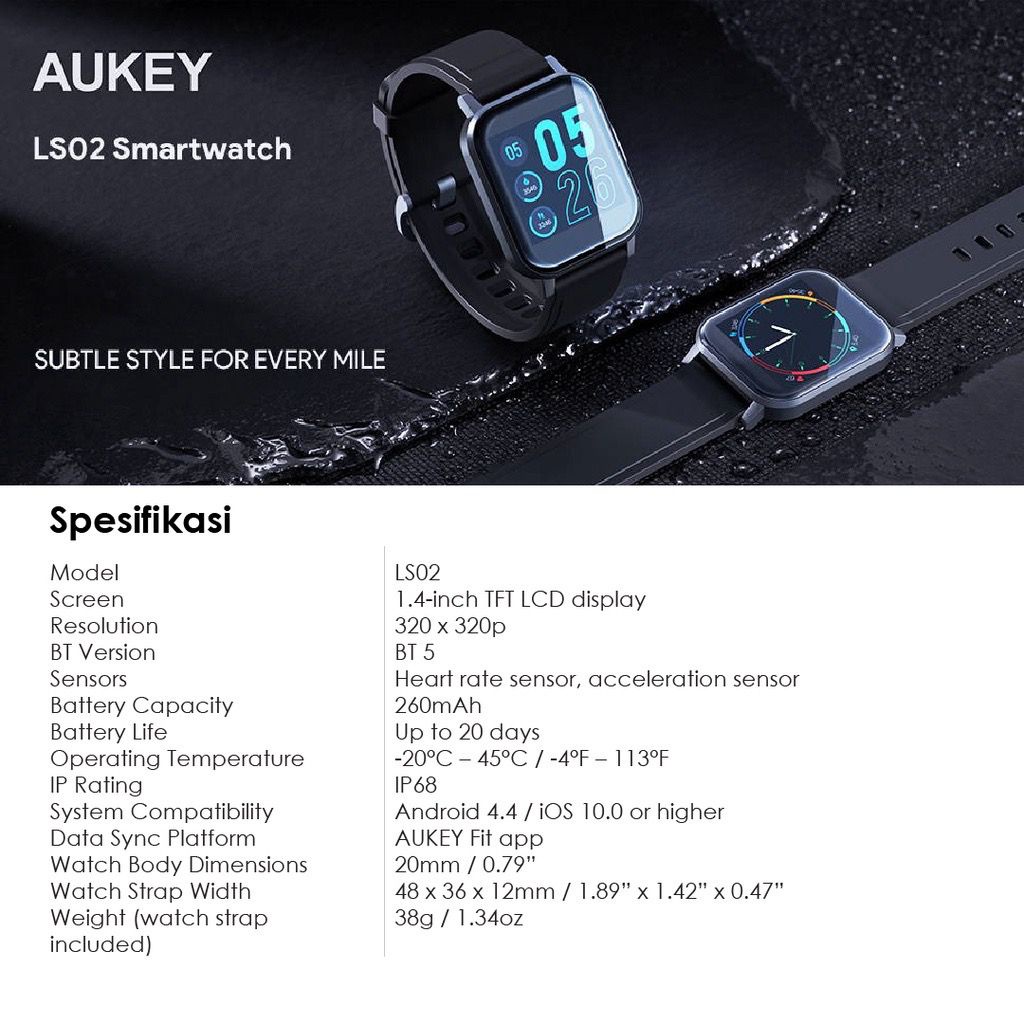 Aukey Smartwatch LS02 Fitness Tracker Activity - 500911 / 500944 / 500979 / 500980 - LS02