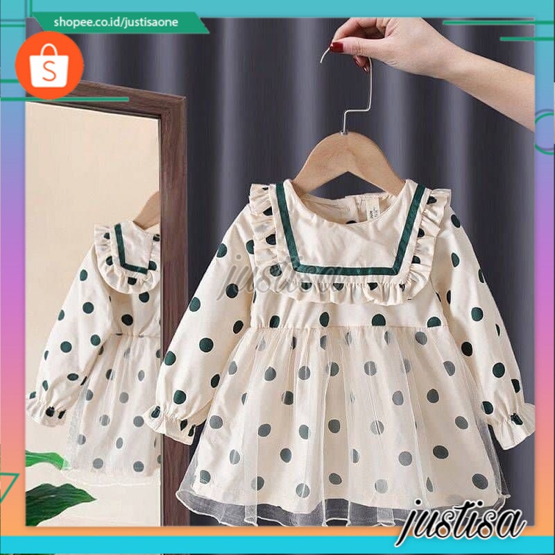 Promo !! Dress anak cewek simple / dress polka brown furing import ukuran 2-4tahun (cream hijau)