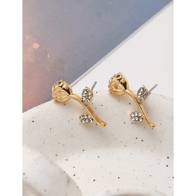 LRC Anting Tusuk Fashion Golden Rose Flower Diamond Stud Earrings K44520