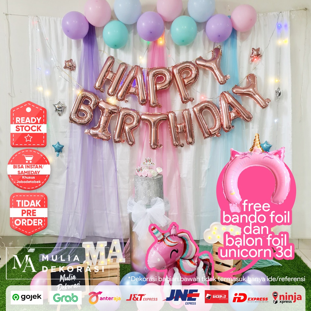 Backdrop Dekorasi Macaron Unicorn Ulang Tahun Happy Birthday paket Tirai Pesta Anak Paket Unicorn Premium