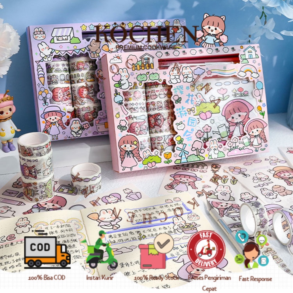 MYKOCHEN.INA Sticker Aesthetic Box SET 10+10+1 Washi Tape Knife Paper Cutting DIY Diary Stiker Decoration Kawaii Cute Estetik Tumblr Lucu Hiasan Buku Catatan Journaling Kertas Scrapbooking Planner Dekoratif Pack Hp Laptop Kartun Stationery Jurnal