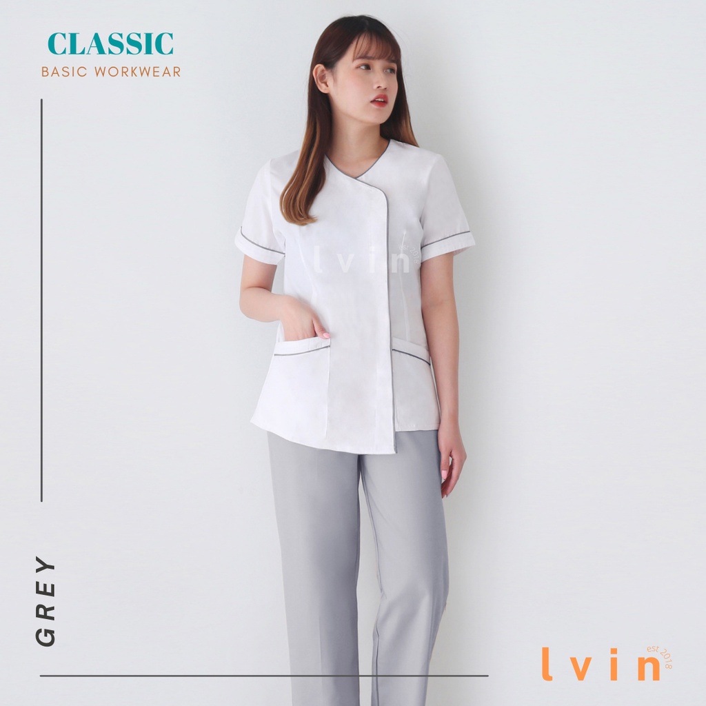 Baju Seragam Suster Lvin New Classic Putih  / Seragam Suster Lengan Pendek  / seragam klinik oka / seragam perawat