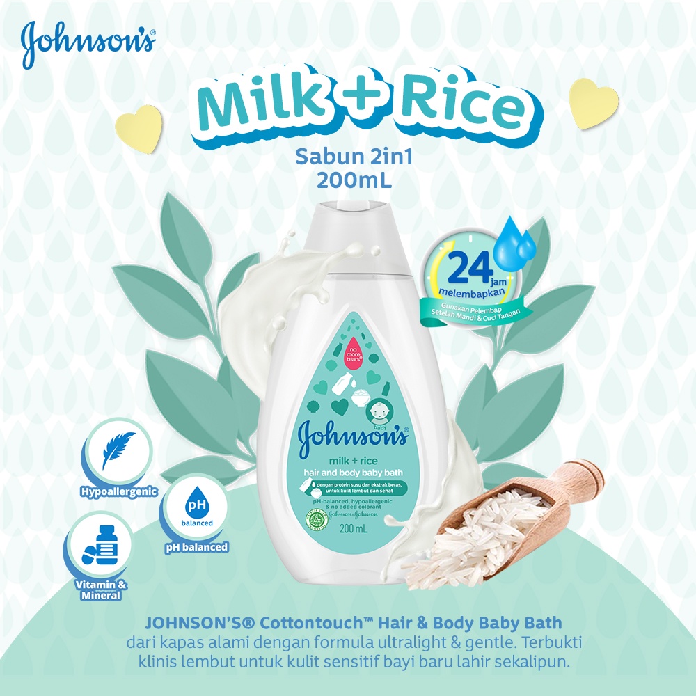 Johnson's Baby Milk + Rice Hair and Body Baby Bath Botol 200ml