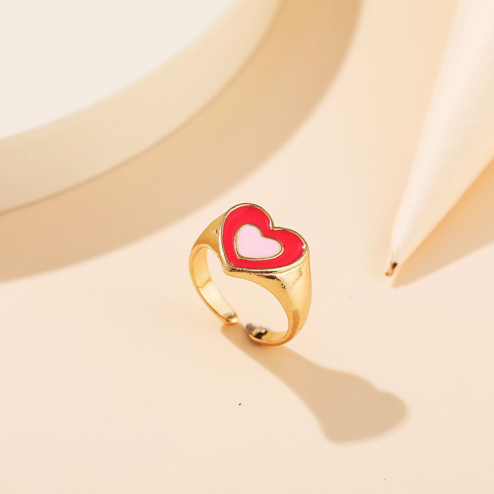 Needway  Colorful Heart Rings Simple Finger Rings Open Ring Dripping Oil Creative Korean Temperament Vintage Double Layer Love Fashion Jewelry