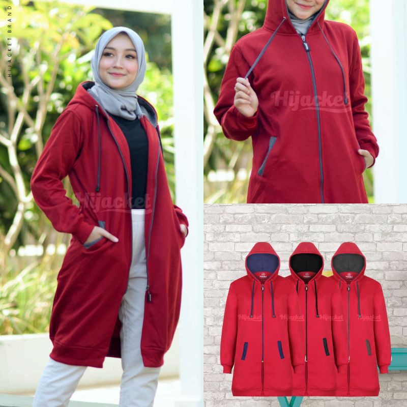Jaket Tebal Wanita Hijab Hijacket Basic Black Hijaket Hoodie Original Model Polos Panjang-Maroon