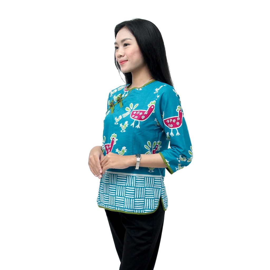 Blouse Batik Wanita Atasan Motif Ayam Warna tosca  Size  S-M-L-XL-XXL-3L-4L-5L-