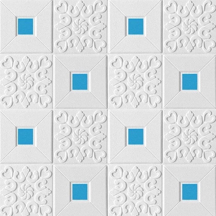 TERLARIS Sticker Wallpaper Dinding 3D Embosed Model Bata kayu dan batik Sticker Wallpaper Dinding 3D-BATIK FOAM 003 BIRU