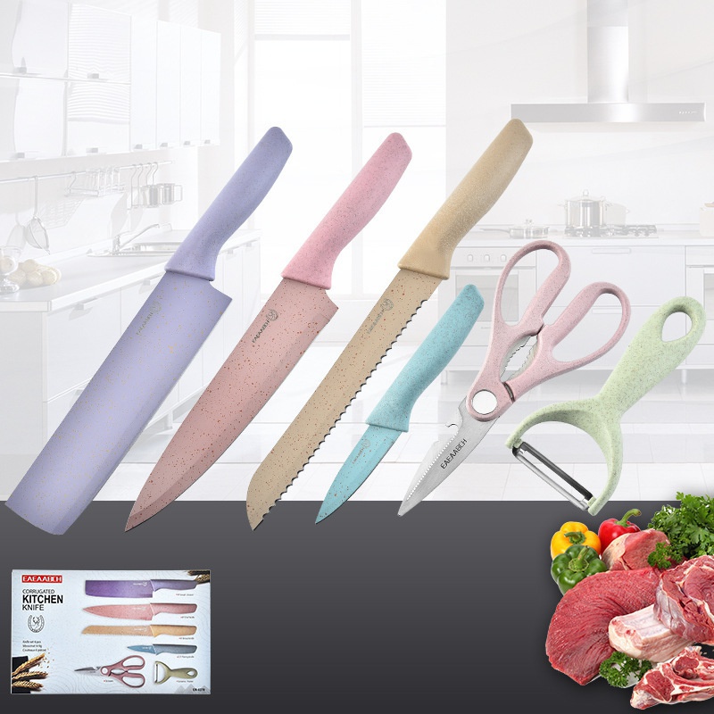 Pisau Dapur Set isi 6pcs Kitchen Knife Set Multicolor/6IN1 Pisau Set EVCRIERH Stainless Dilapis Anti