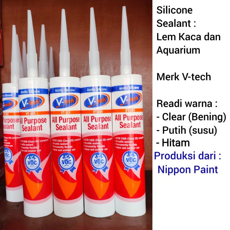 

Lem Silicone Sealant V Tech Clear Bening White Putih Black Hitam . Lem kaca aquarium