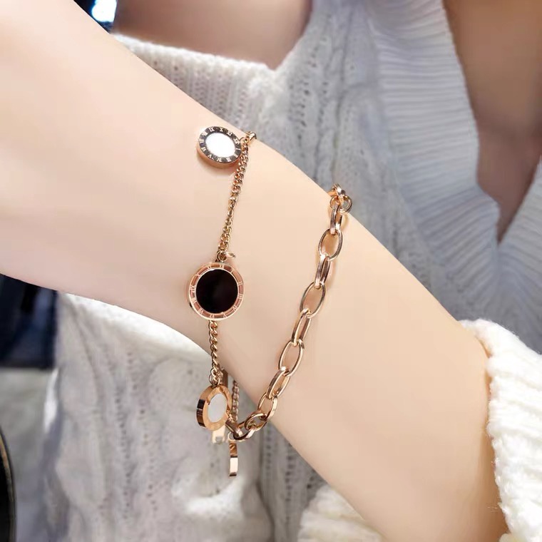 Gelang Double Layer Bulat Dengan Rumbai Geometris Waterproof Anti Alergi 18K Rose Gold