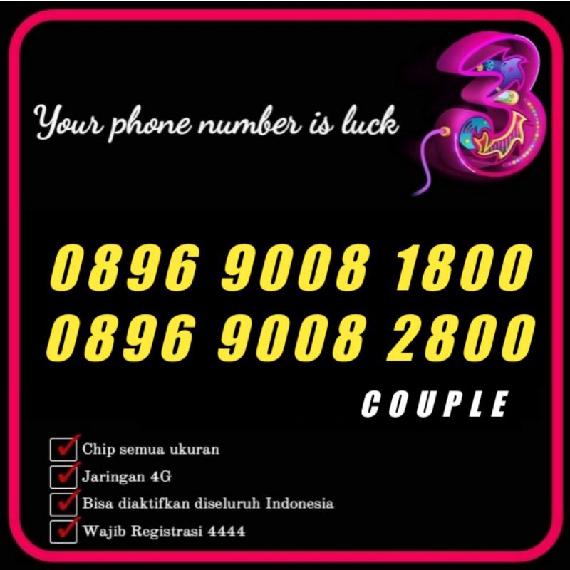 Nomor Cantik Tri Couple Pasangan 1800 2800 Perdana 3 Three 9008 1800 2800