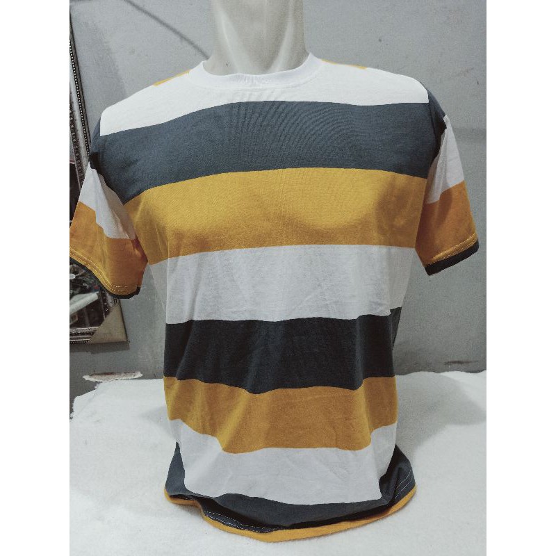 kaos stripe putih kuning abu tua