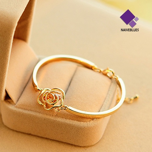 Naiveblue &gt; Gelang Tangan Rantai Cuff Motif Bunga Mawar Aksen Kristal Warna Gold Untuk Perhiasan Wanita