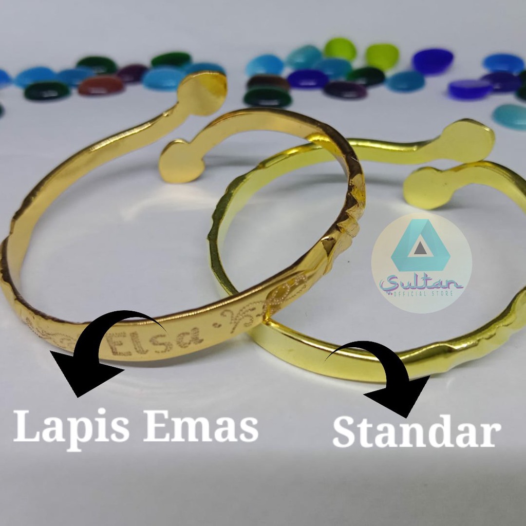 Gelang anak gelang  bayi logam kuningan ukir nama motif bunga lapis emas 24k