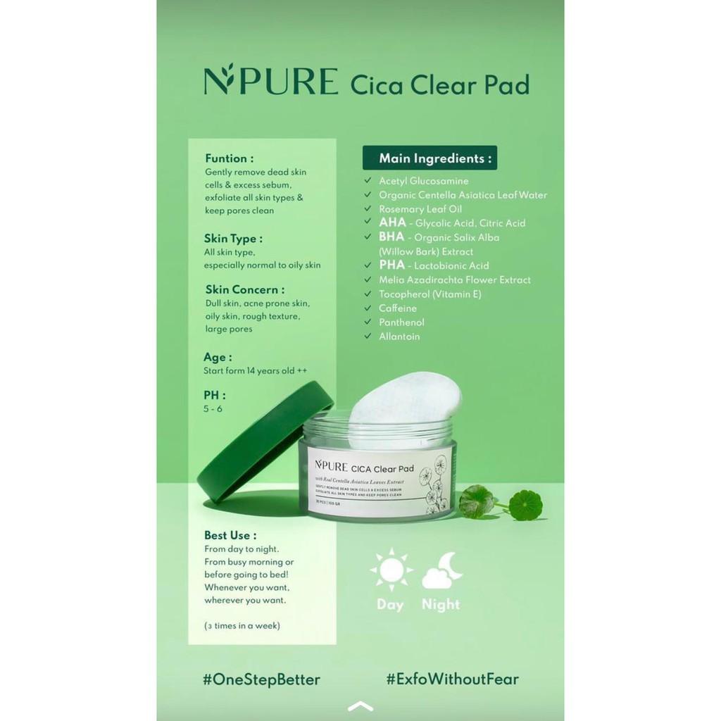 NPURE Cica Clear Pad - Kapas Perawatan Pembersih Pelembab Pencerah Eksfoliasi Sel Kulit Mati Wajah
