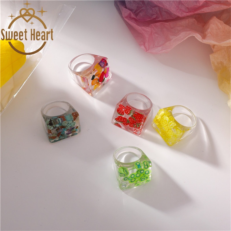 Korean Summer Transparent Acrylic Color Fruit Wide Version Ring for Women Fashion Jewelry